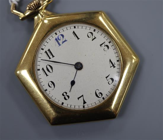 An early 20th century 18ct gold hexagonal dress pocket watch, diameter 40mm, gross 38.5 grams.